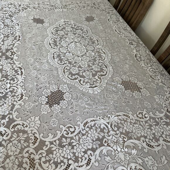 Unbranded Other - Antique Italian HAND LACE Tablecloth Floral Embroidery Off White Banquet Wedding